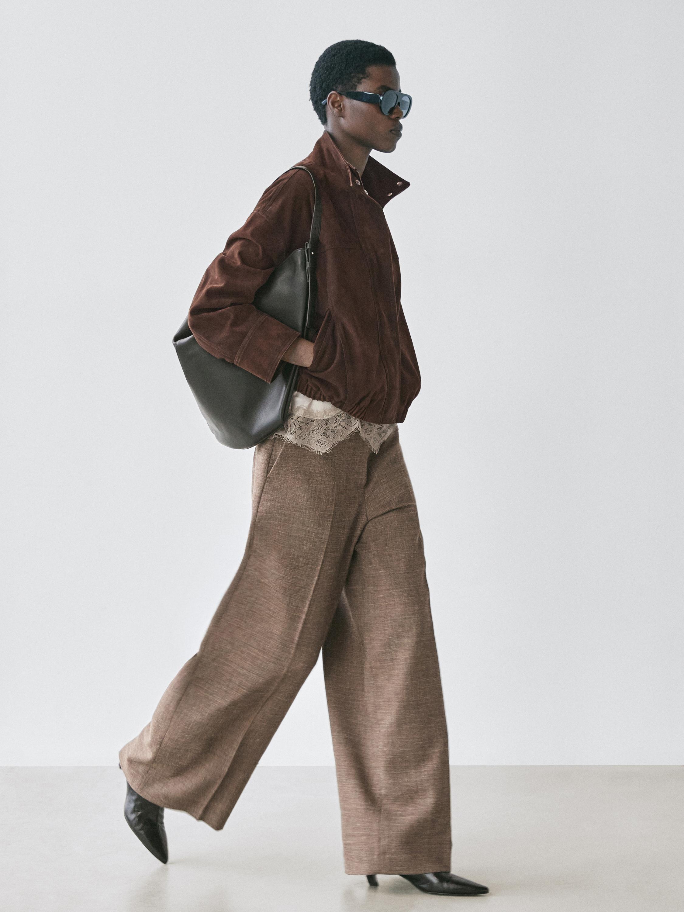 Wide-leg voluminous wool blend trousers